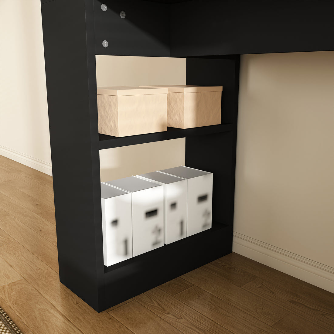 Aalto black computer desk showing lower open shelving detail