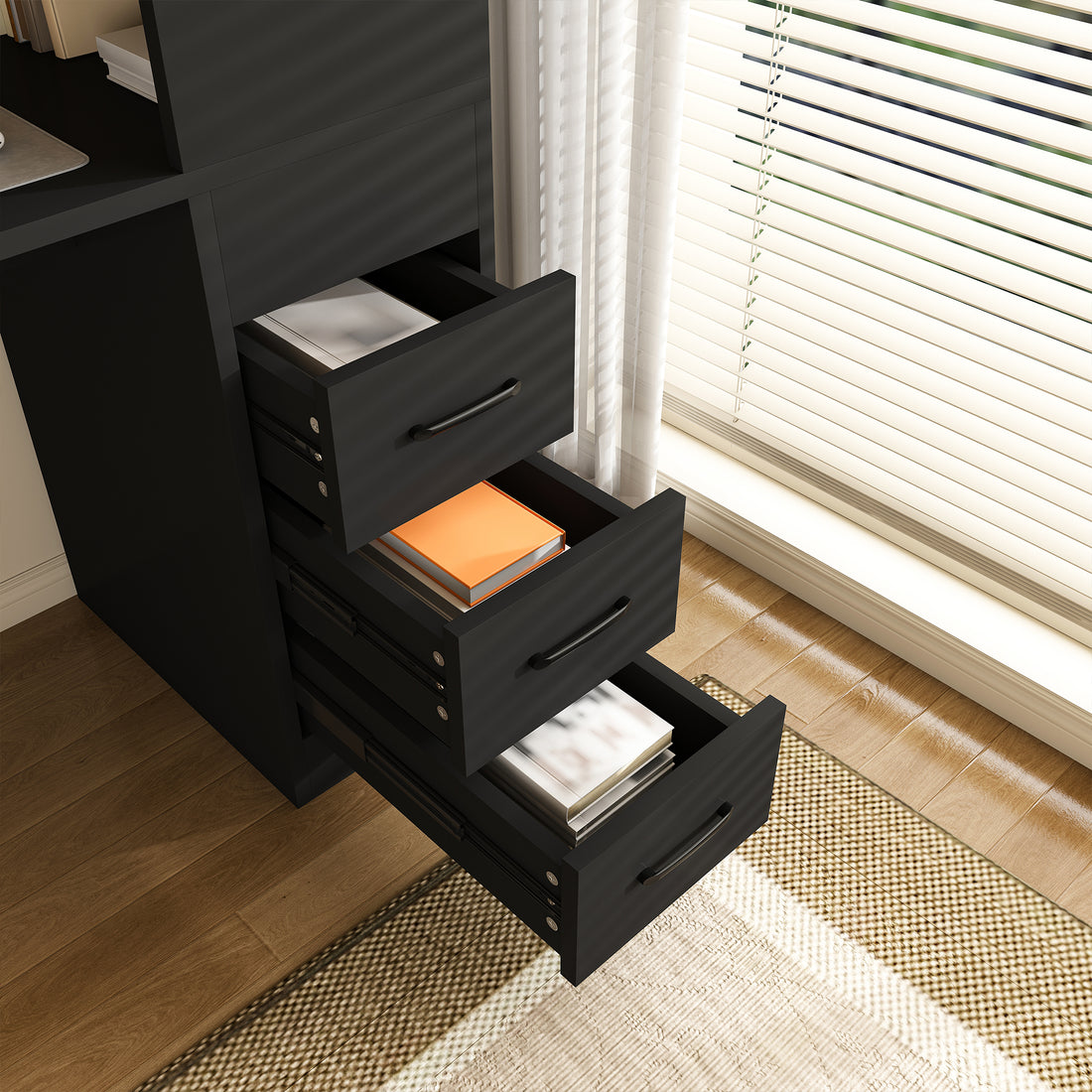 Aalto black computer desk showing open drawers and storage compartments detail