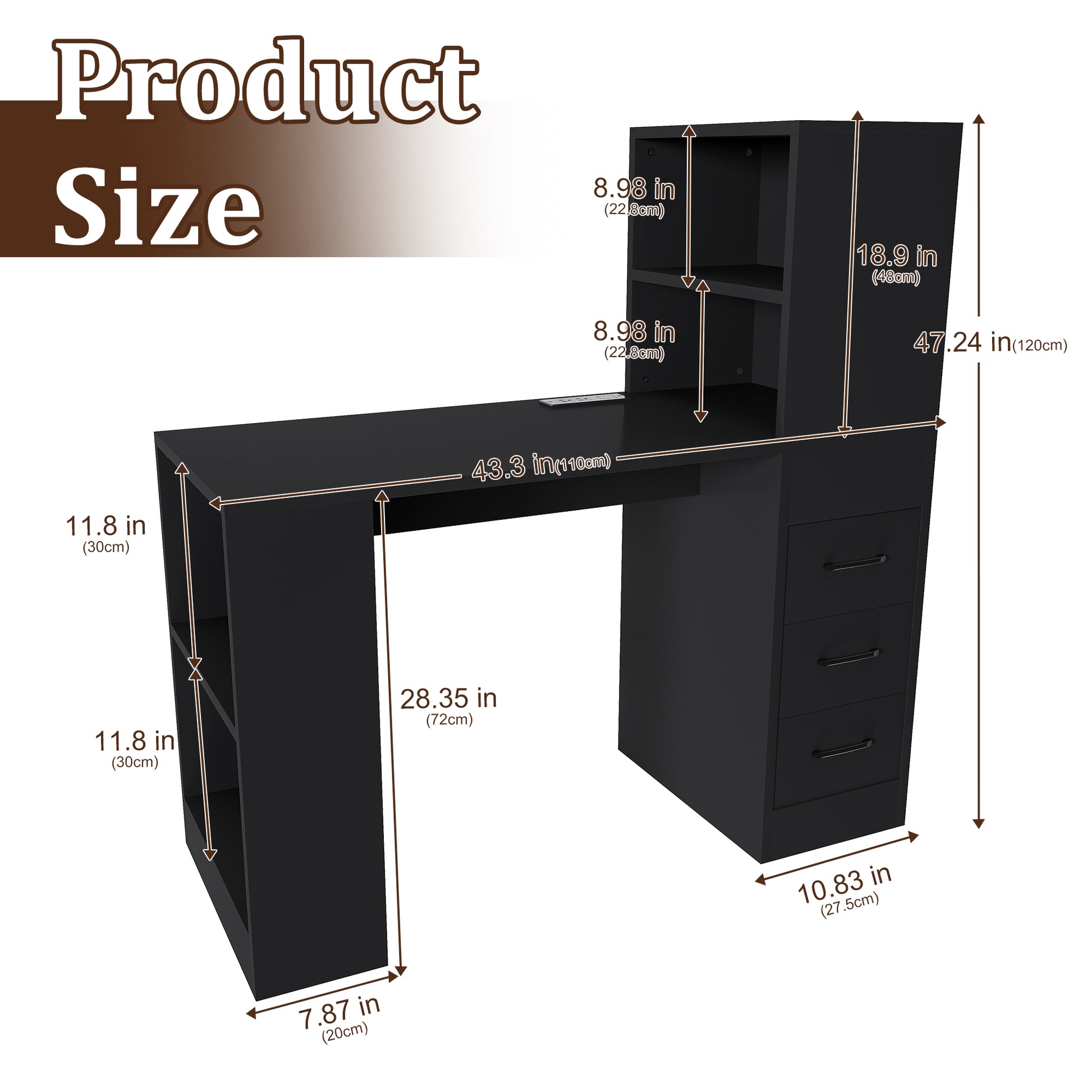 Aalto black computer desk showing dimensions