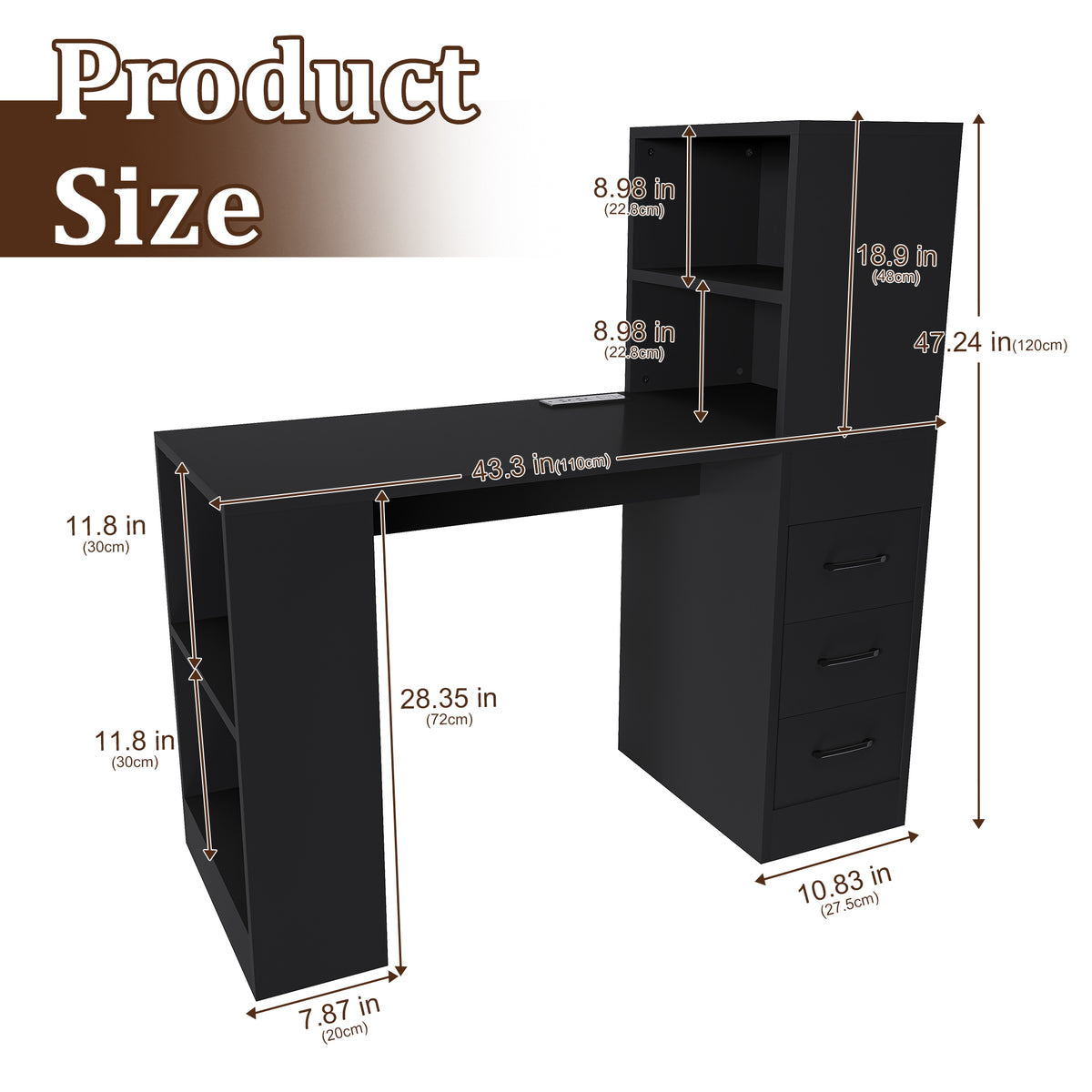 Aalto black computer desk showing dimensions