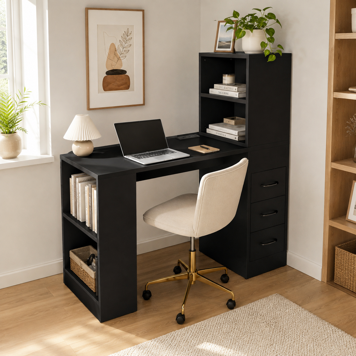 Aalto black computer desk showing a hutch workspace with a white chair beside a bright window