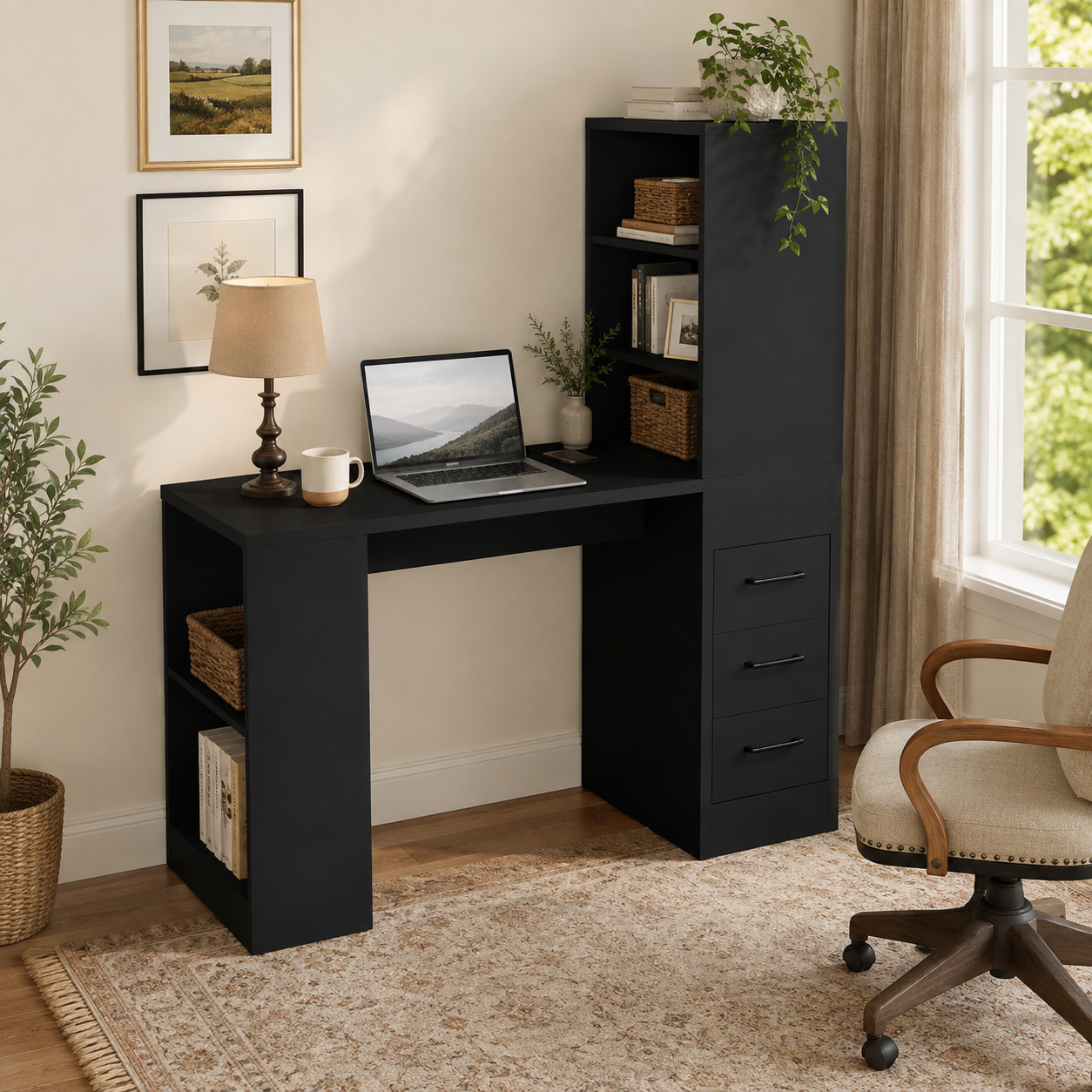 Aalto black computer desk showing a hutch, storage cabinet and chair in a warm home office