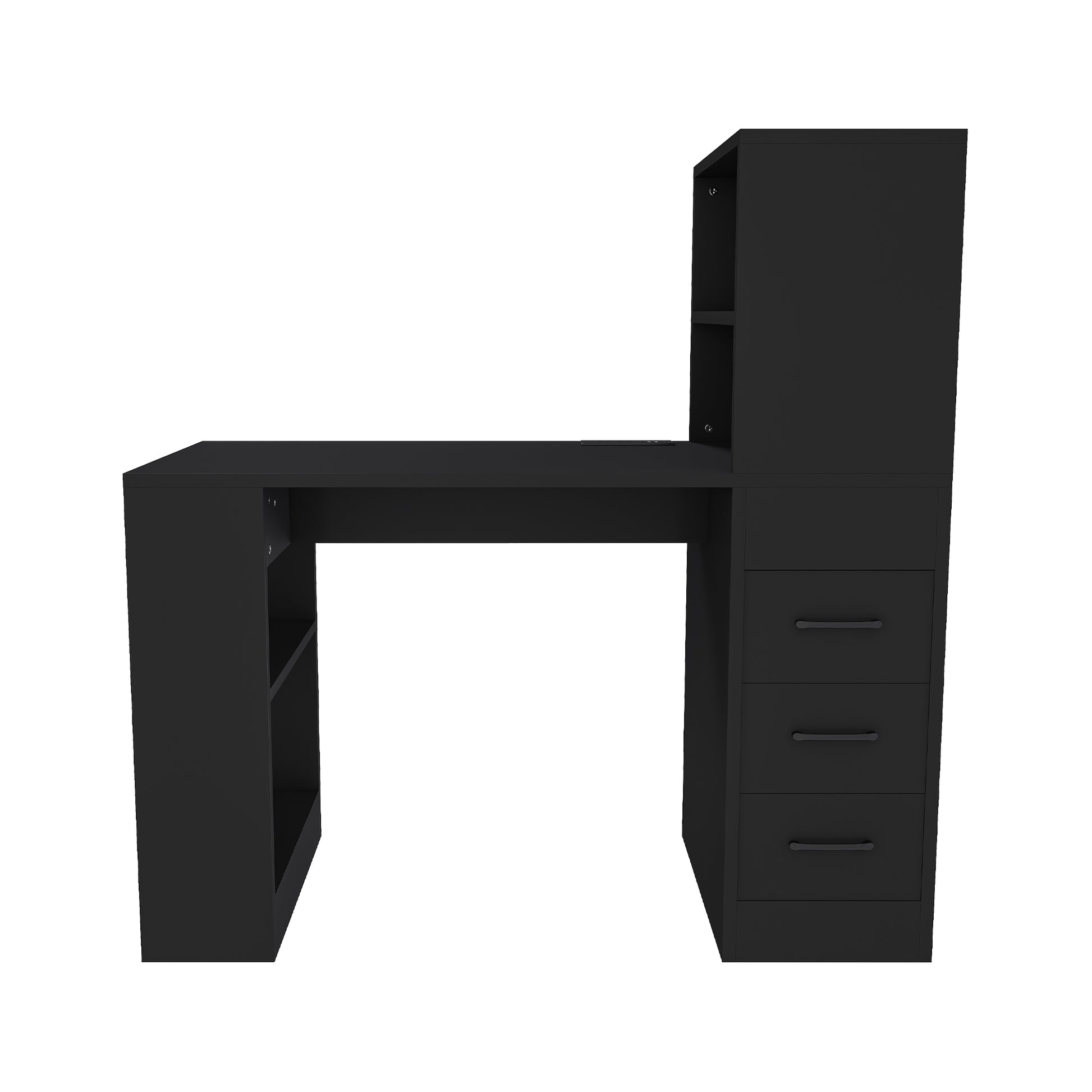 Aalto black computer desk showing the side profile with a hutch and three-drawer storage cabinet