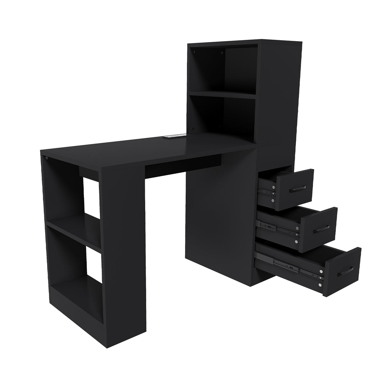 Aalto black computer desk showing an angled view with side shelves and three open drawers