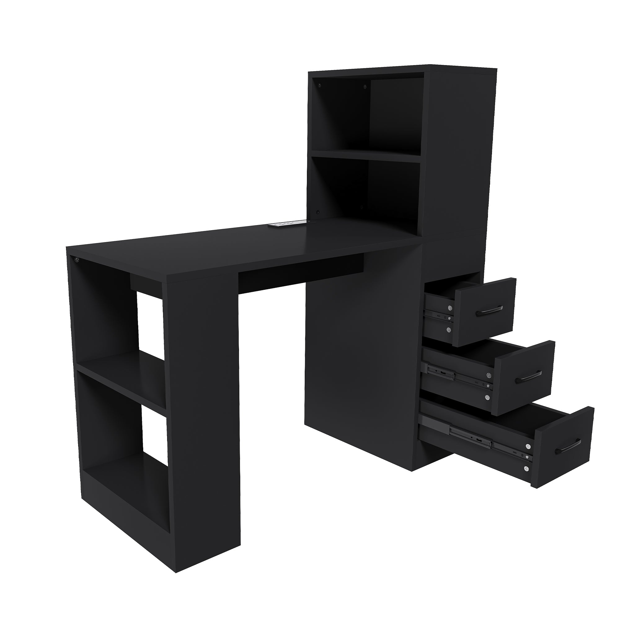 Aalto black computer desk showing an angled view with side shelves and three open drawers