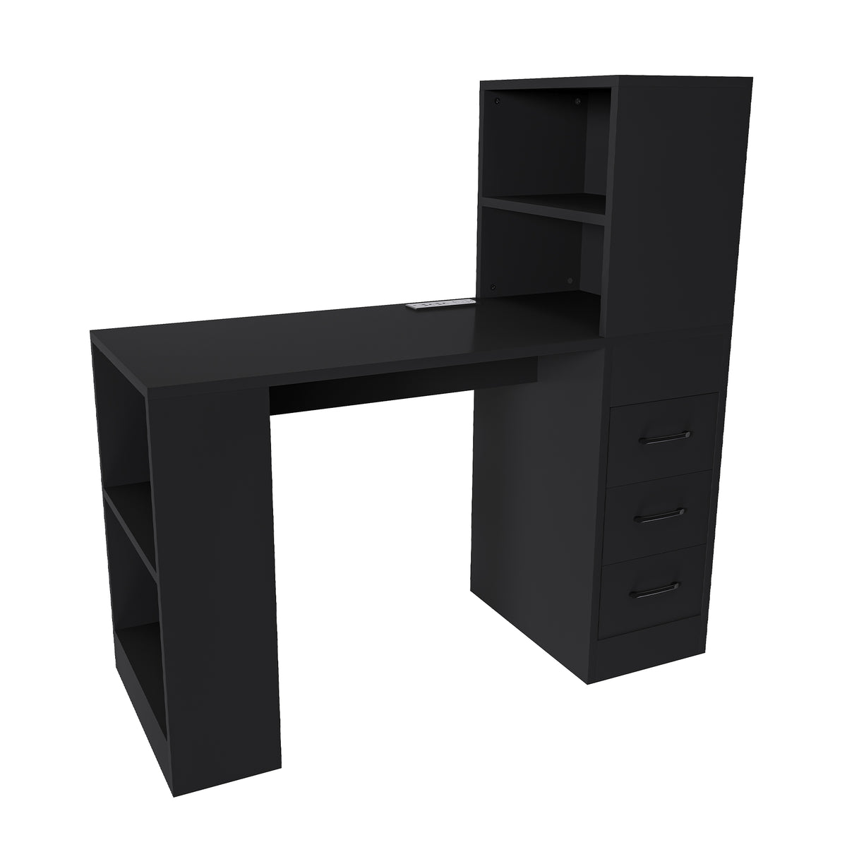 Aalto black computer desk showing an angled rear view of the desktop, hutch and storage cabinet