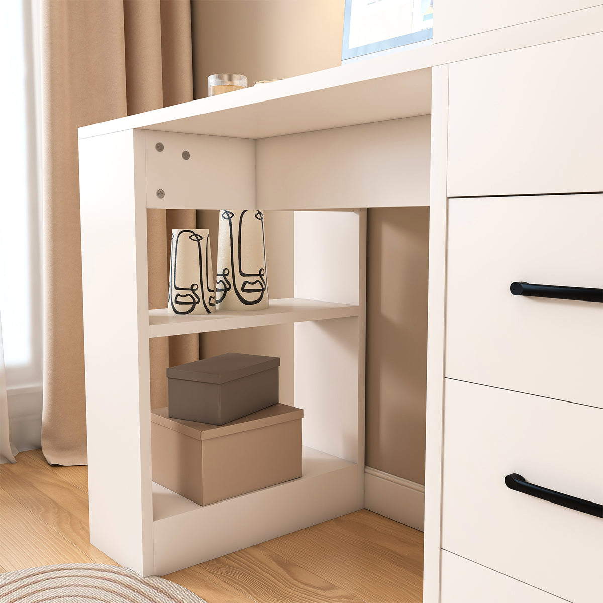 Aalto white computer desk showing open shelving and lower storage detail