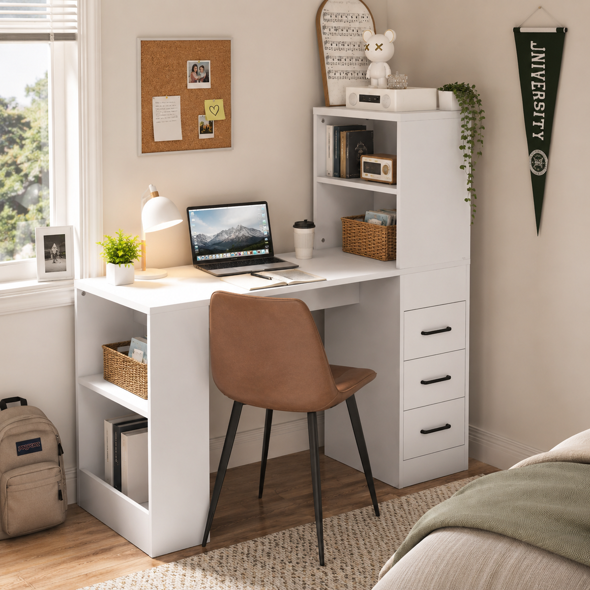Aalto white computer desk showing a hutch workspace with a brown chair in a bright bedroom