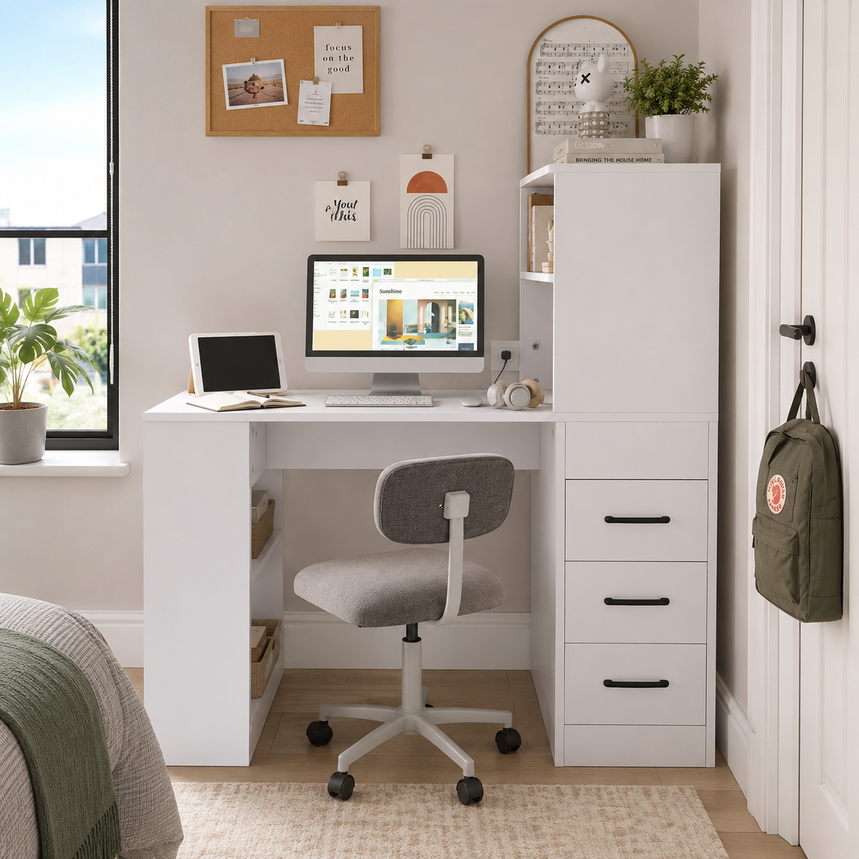 Aalto white computer desk showing a home office setup with a grey chair and tall storage cabinet