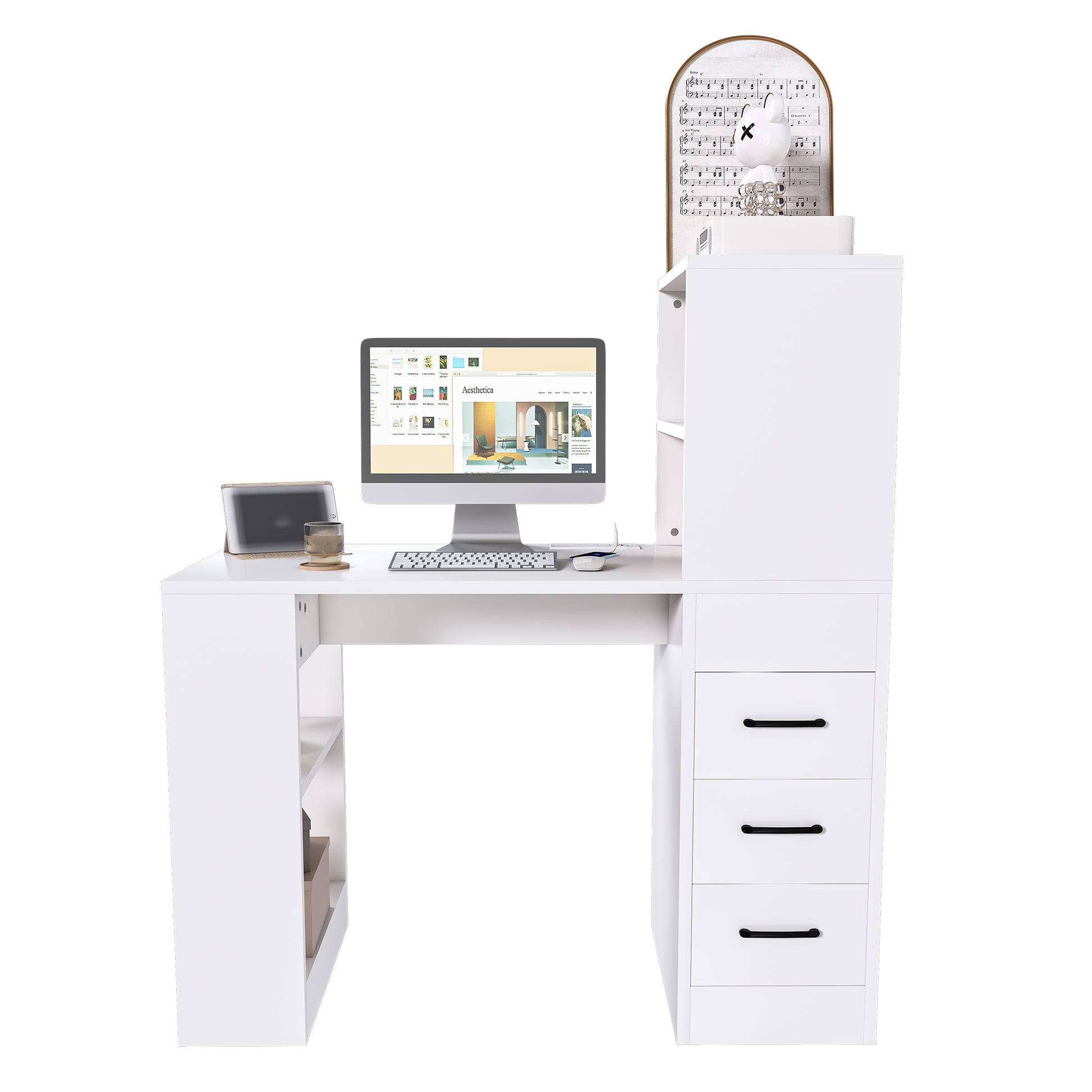 Aalto white computer desk showing the front view with a hutch, shelves and three drawers