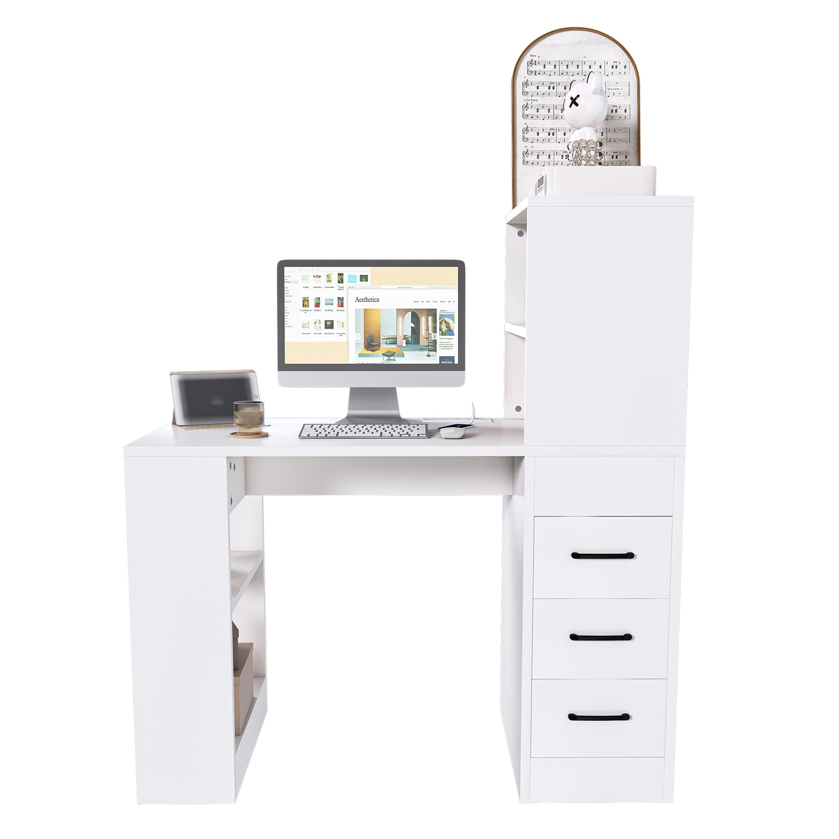 Aalto white computer desk showing the front view with a hutch, shelves and three drawers