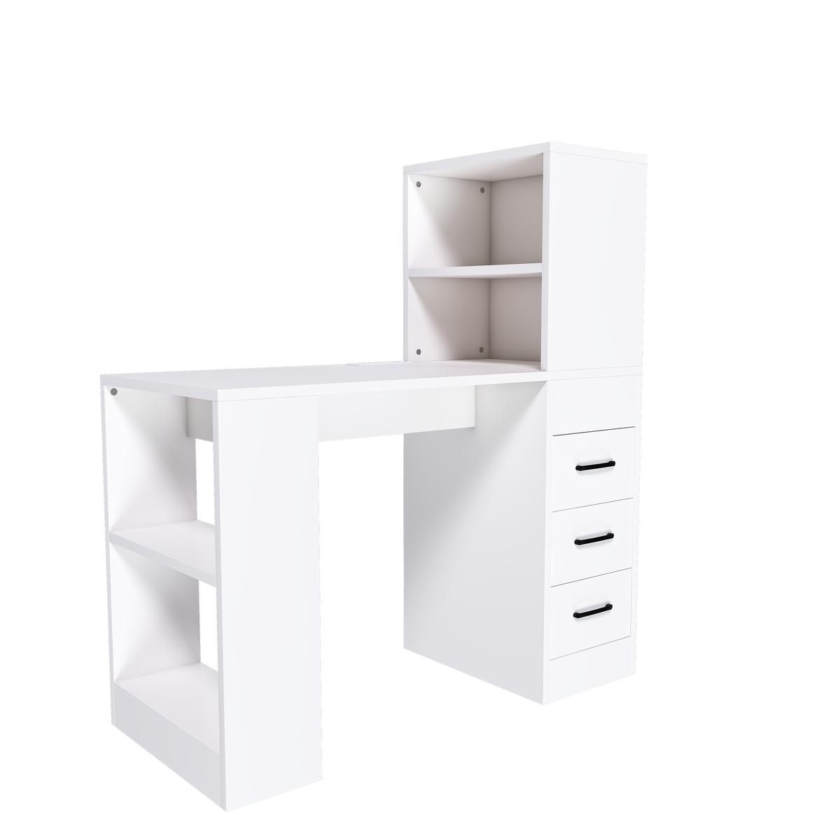 Aalto white computer desk showing an angled view with side shelves and a three-drawer cabinet