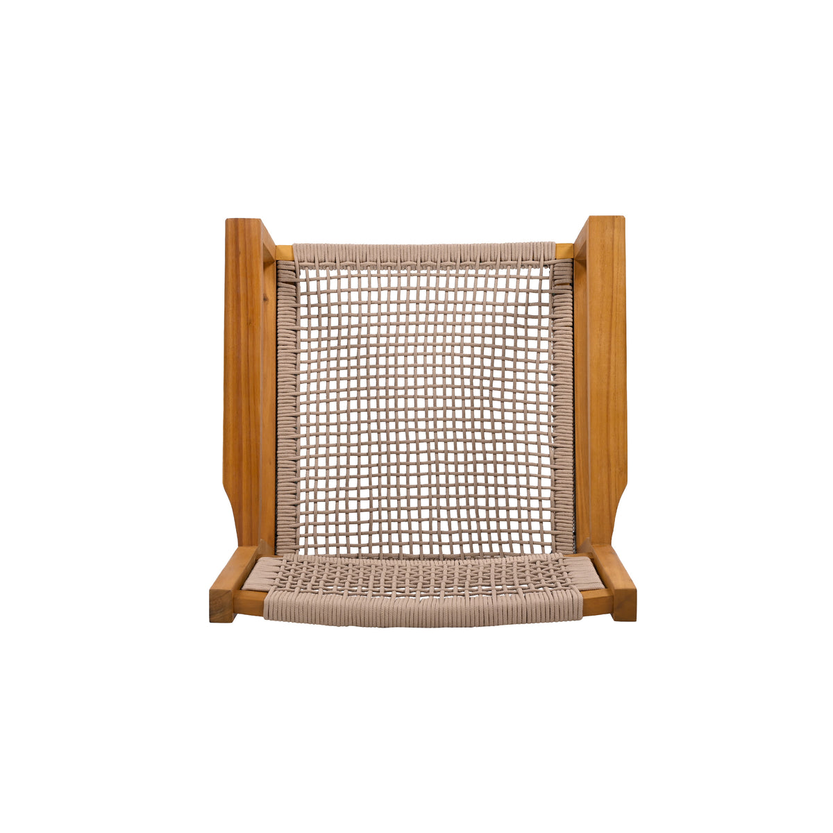 Aare light camel dining chair showing acacia wood arm and woven rope seat detail