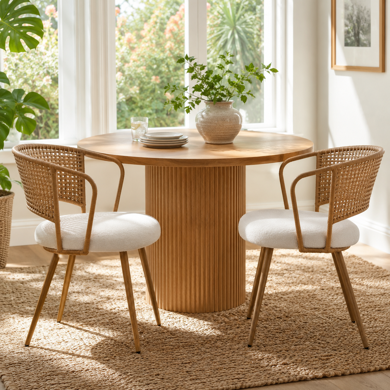 Adige oak dining chair showing a pair around a round pedestal table in a warm dining room