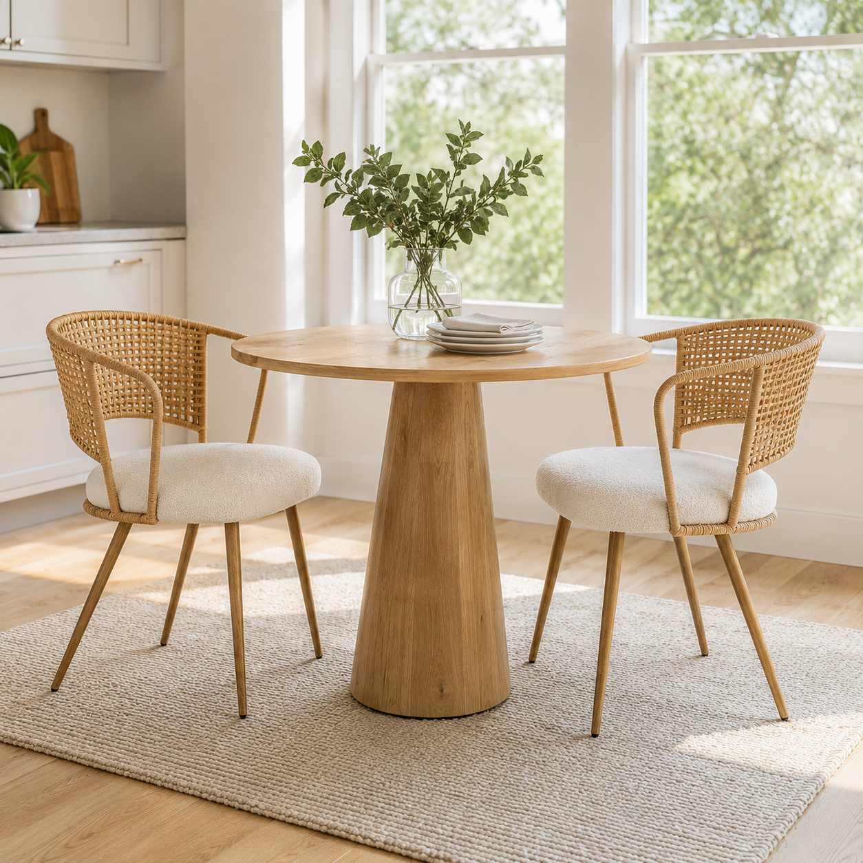 Adige oak dining chair showing a pair around a round table near large windows and greenery