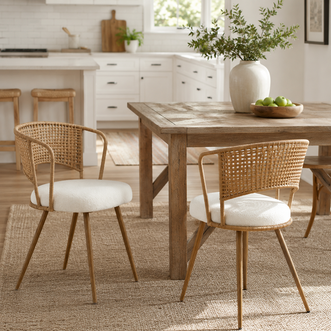 Adige oak dining chair showing woven rattan seating around a round dining table in a bright room