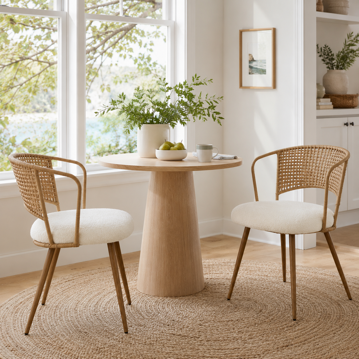 Adige oak dining chair showing a pair around a round pedestal table beside wall art and plants