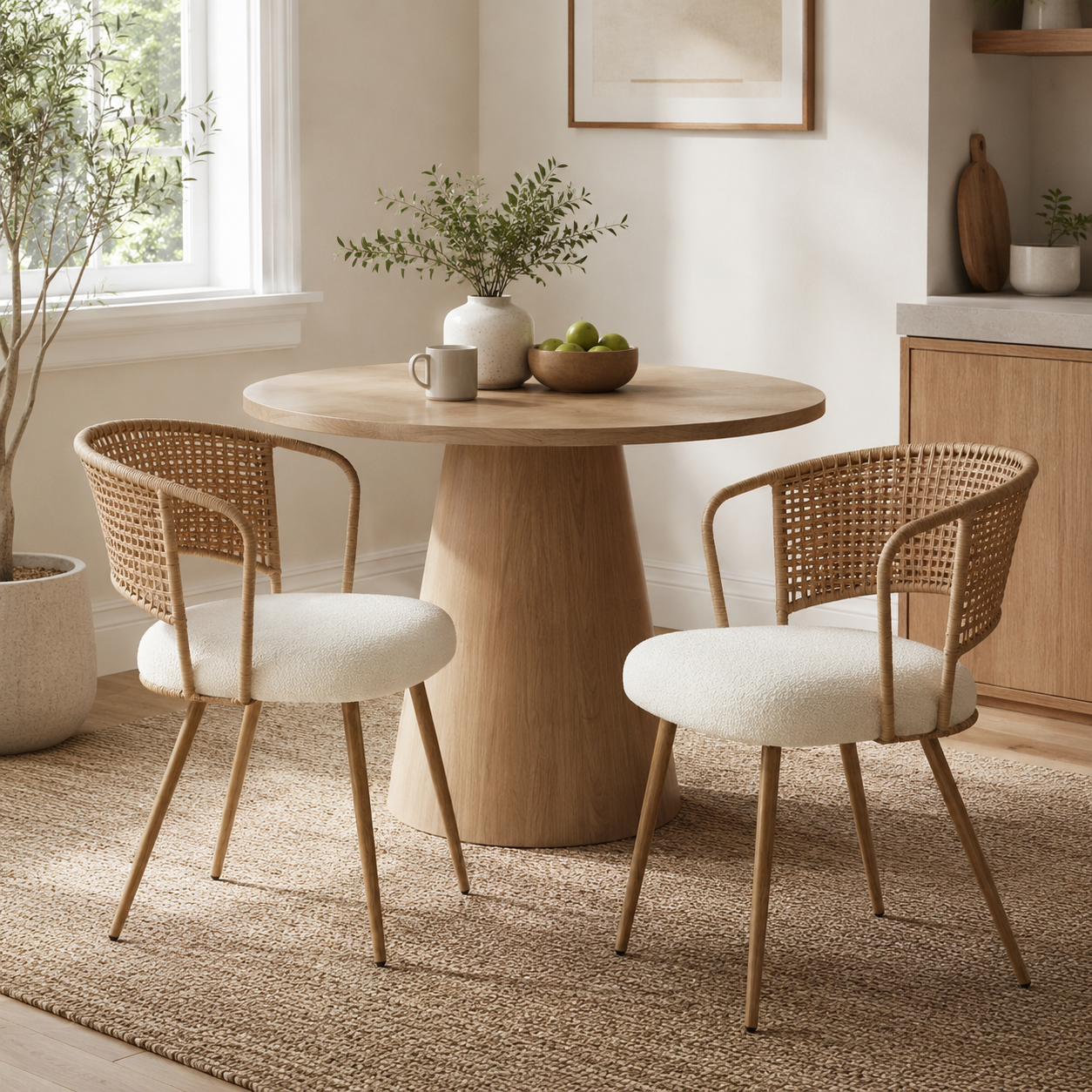 Adige oak dining chair showing a pair around a round wood table on a woven rug