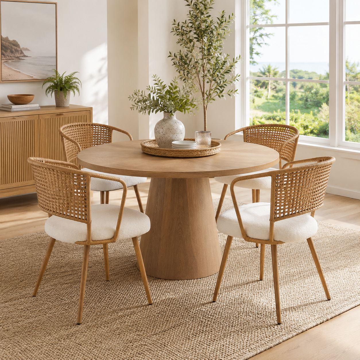 Adige oak dining chair showing a pair beside a round table in a light neutral dining space