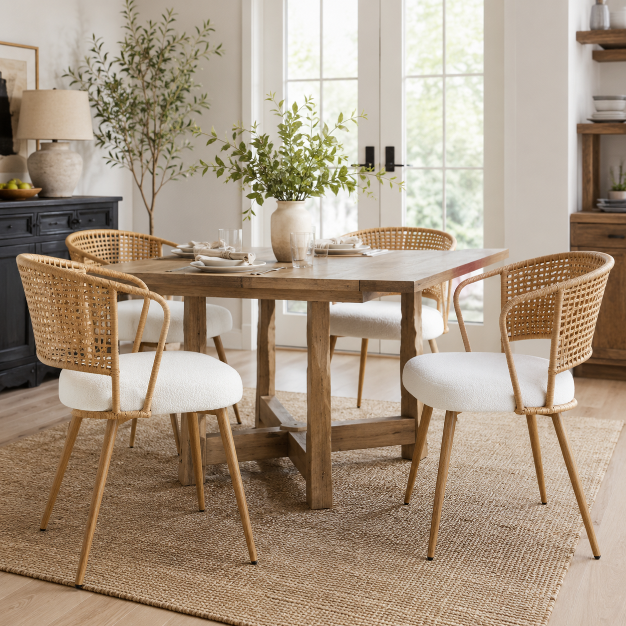 Adige oak dining chair showing multiple chairs around a rectangular wood dining table near large windows