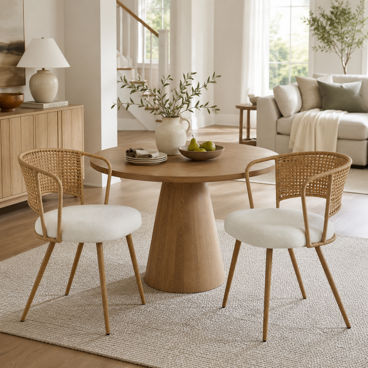 Adige oak dining chair showing a pair around a round pedestal table in a bright dining room