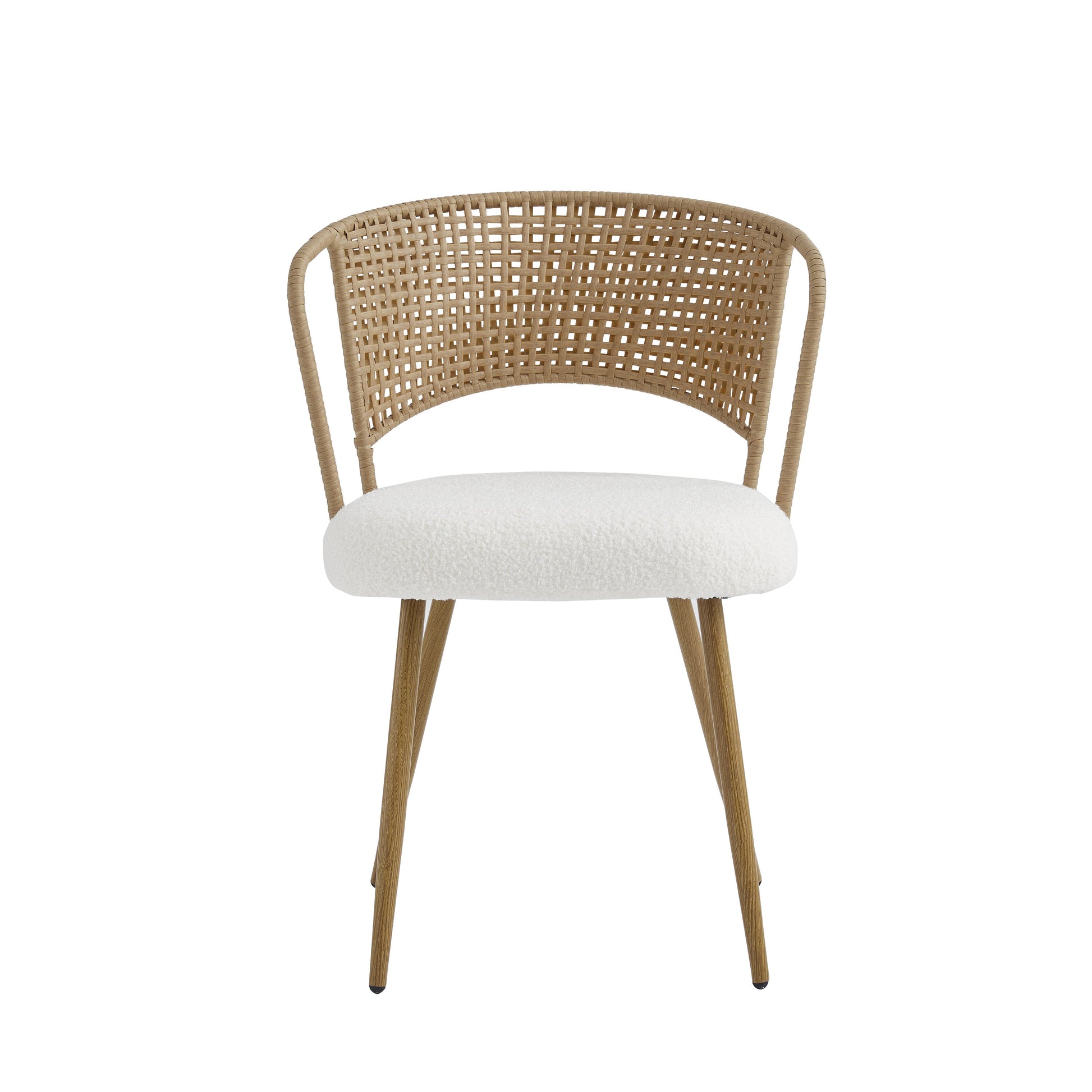 Adige oak dining chair showing the front view with woven rattan back and wraparound arms