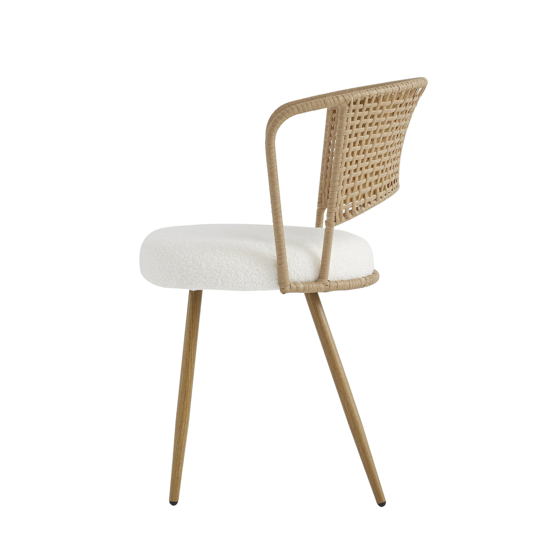 Adige oak dining chair showing the side profile with a curved rattan back and tapered legs