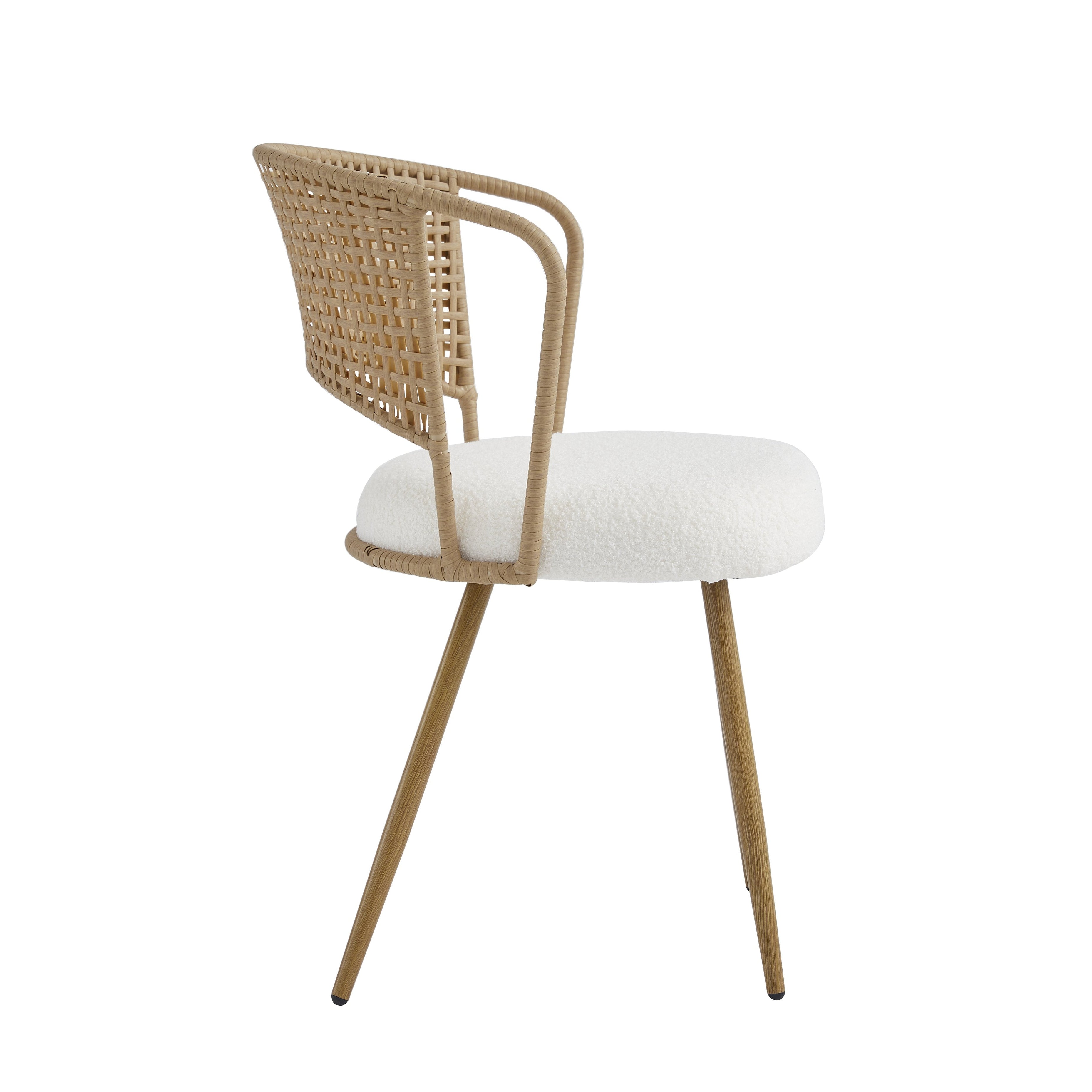 Adige oak dining chair showing an angled rear view with wraparound arms and woven backrest