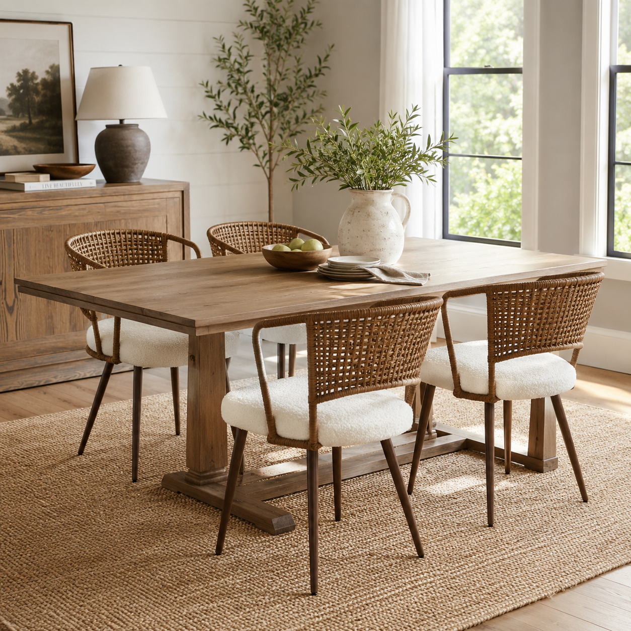 Adige walnut dining chair showing woven rattan seating around a rectangular wood dining table in a bright room
