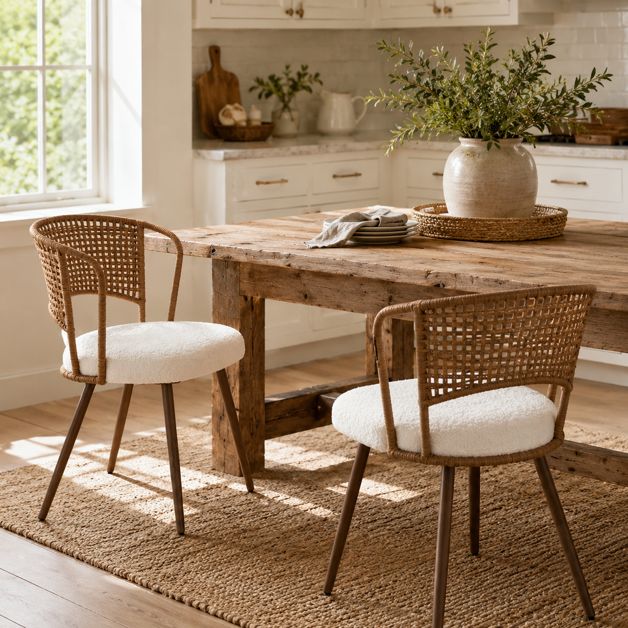 Adige walnut dining chair showing a pair around a rectangular wood dining table in a warm interior