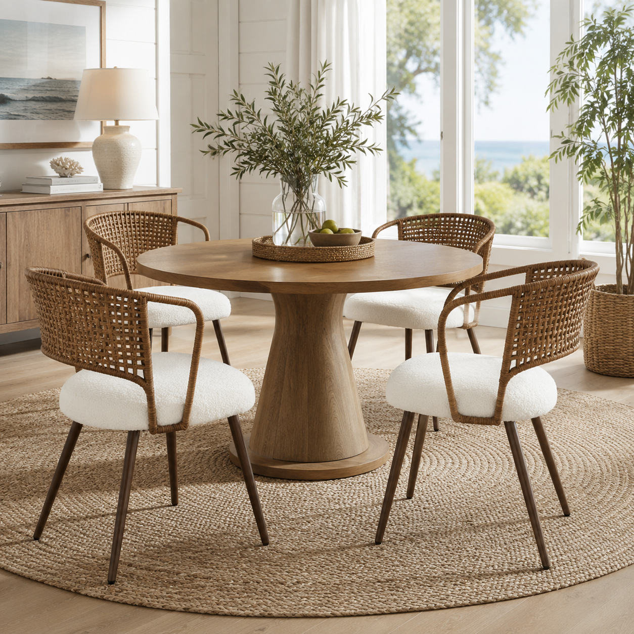 Adige walnut dining chair showing a pair around a round pedestal table on a woven rug