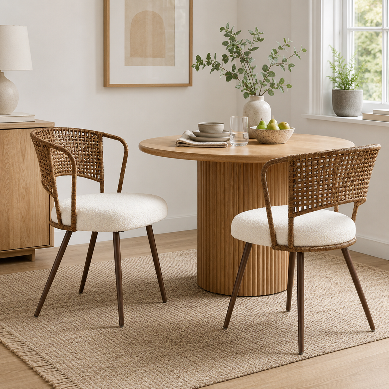 Adige walnut dining chair showing woven rattan seating around a round table in a bright dining room