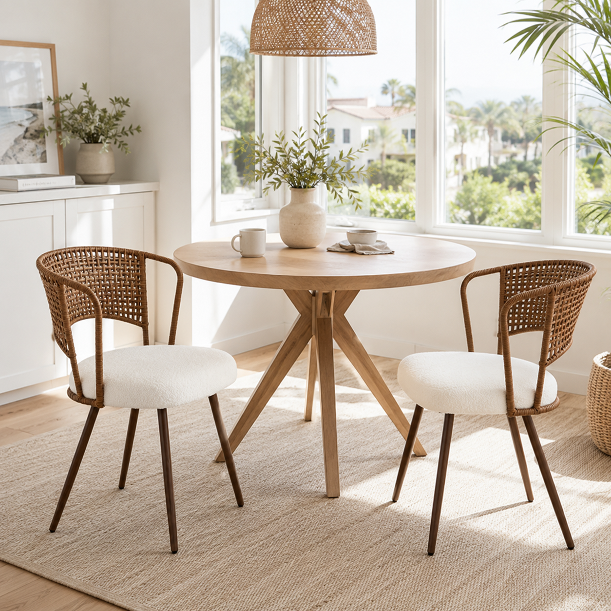 Adige walnut dining chair showing a pair around a round dining table beside large windows