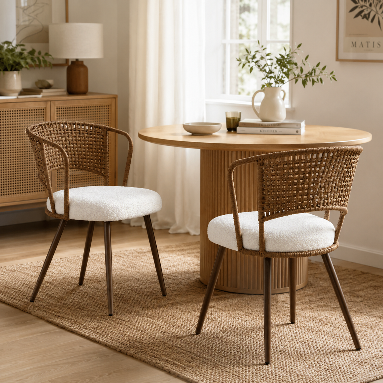 Adige walnut dining chair showing a pair beside a rectangular wood dining table in a sunlit room
