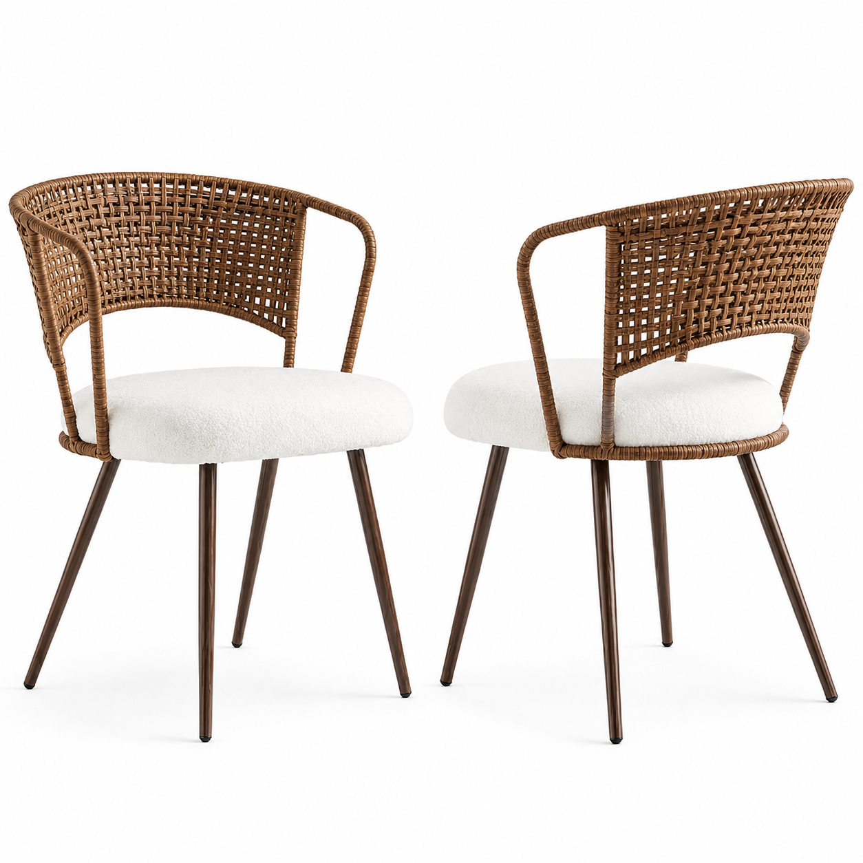 Adige walnut dining chair showing a pair in a front view with woven backs and wraparound arms