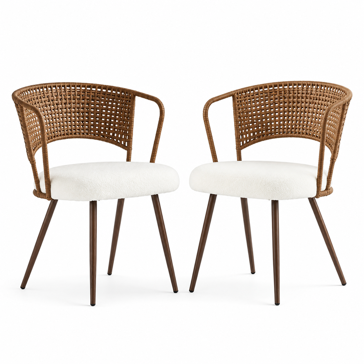 Adige walnut dining chair showing a pair in an angled view with curved rattan backrests