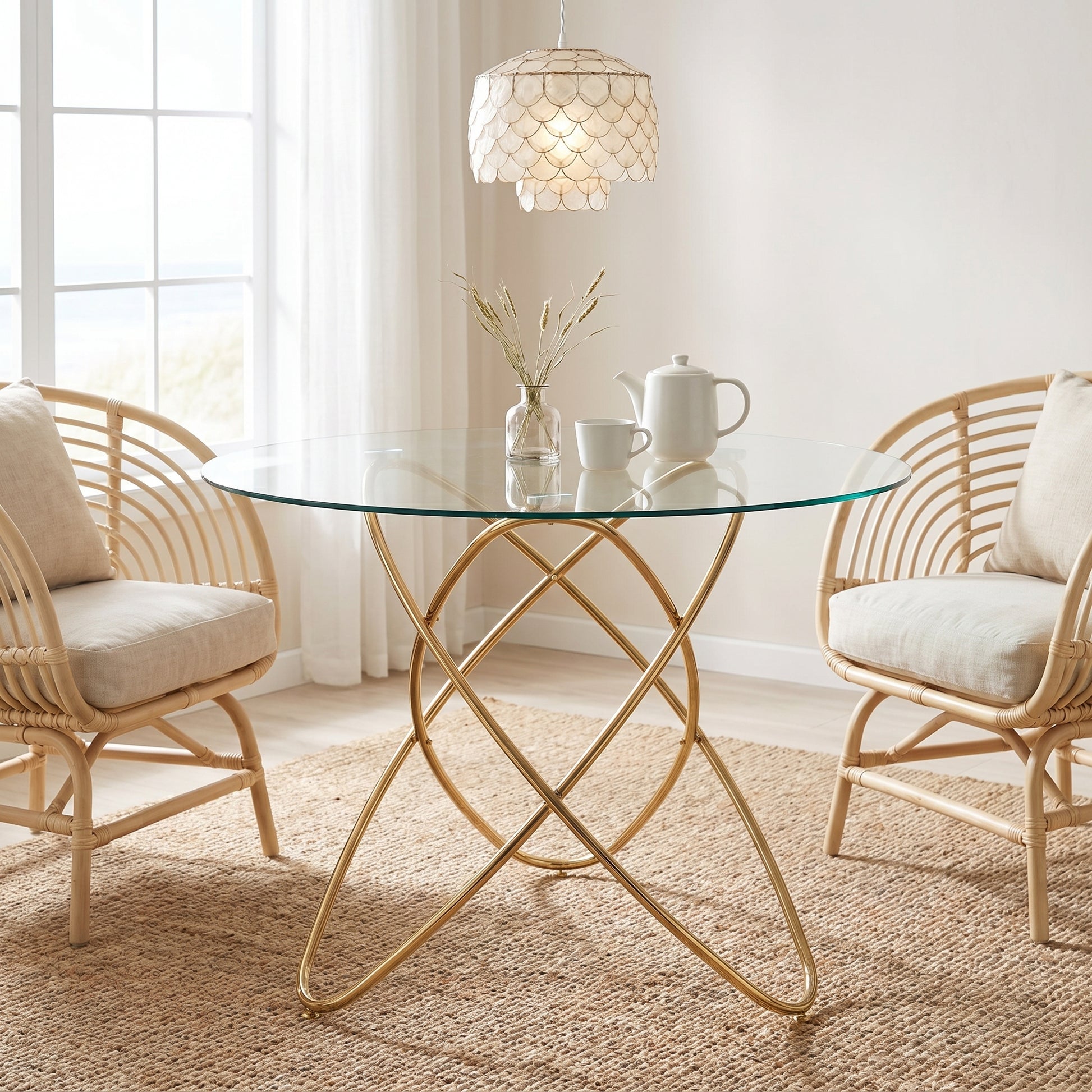Adriatic gold dining table showing a modern dining setup with woven chairs