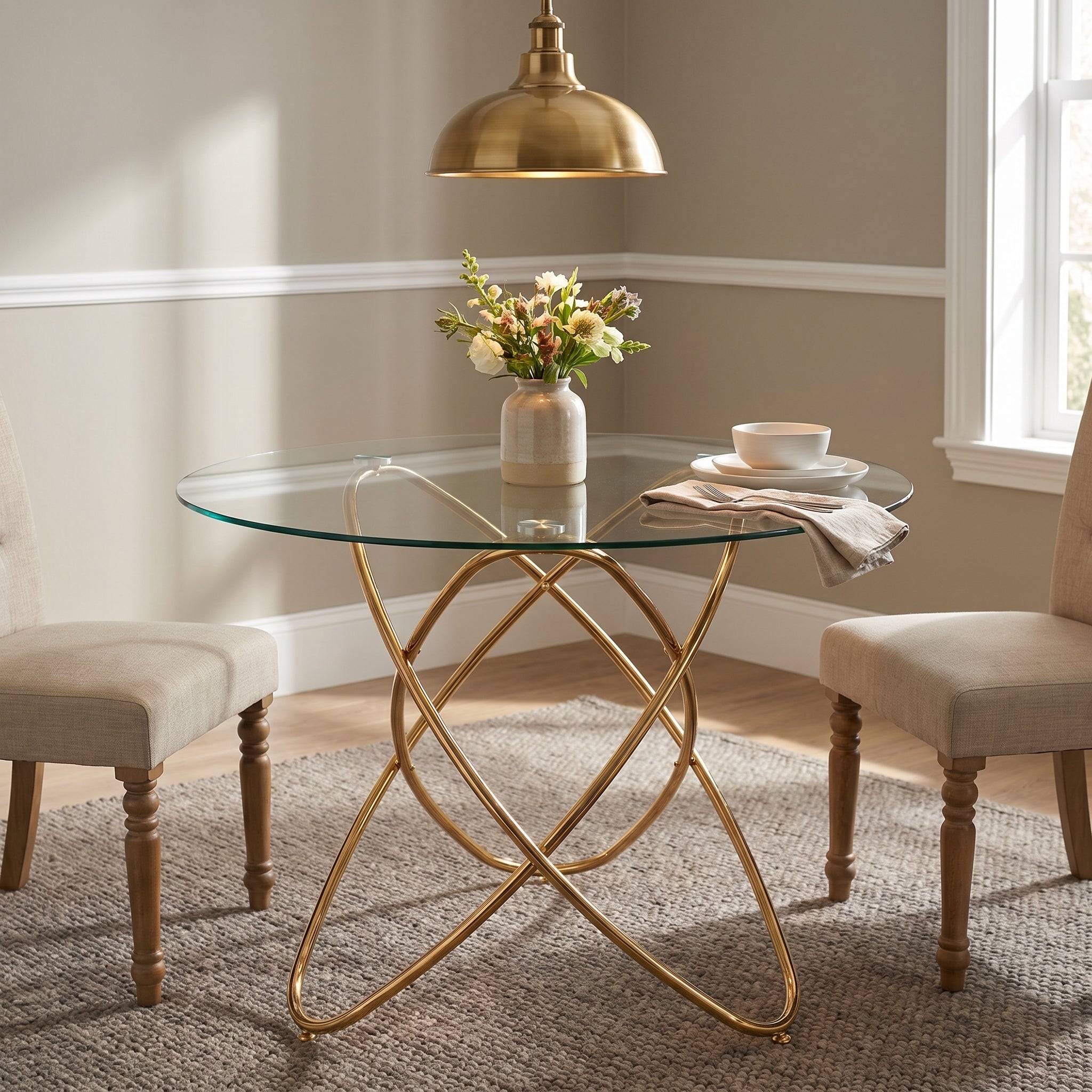 Adriatic gold dining table showing a styled dining area with floral centerpiece