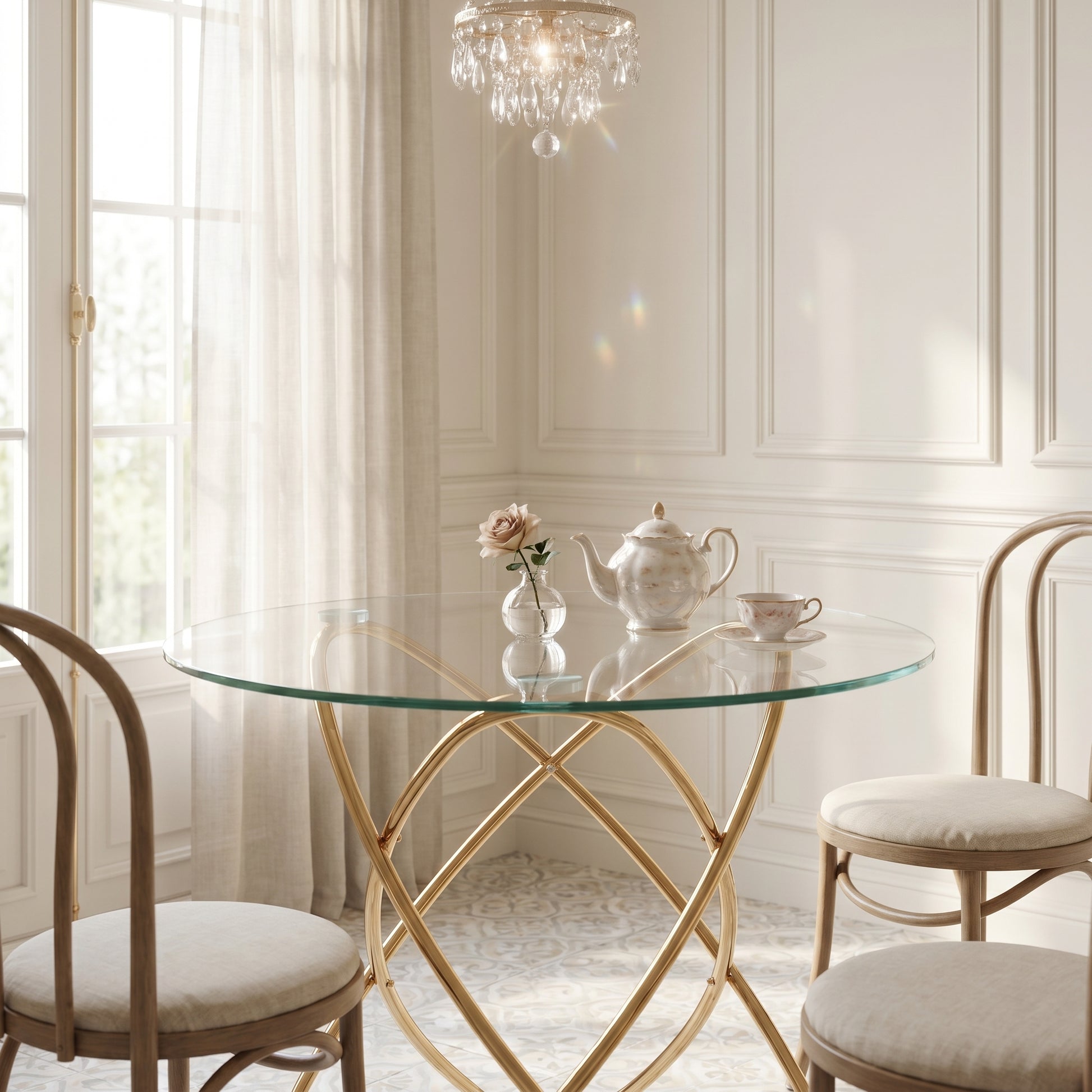 Adriatic gold dining table showing a glass tabletop in an elegant dining room
