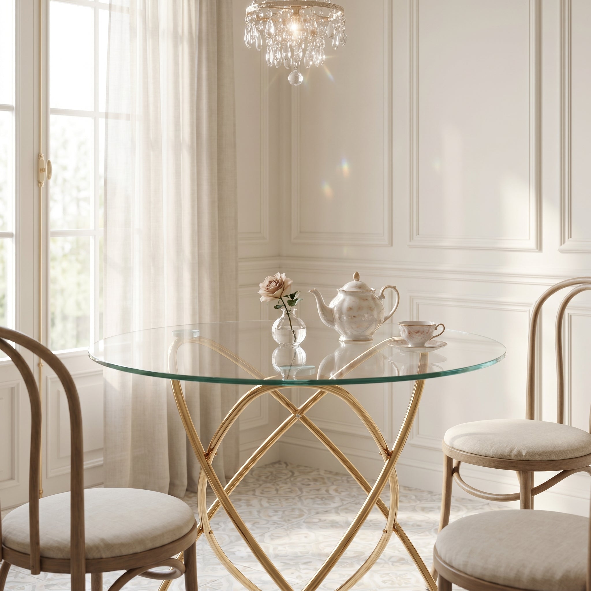 Adriatic gold dining table showing a glass tabletop in an elegant dining room