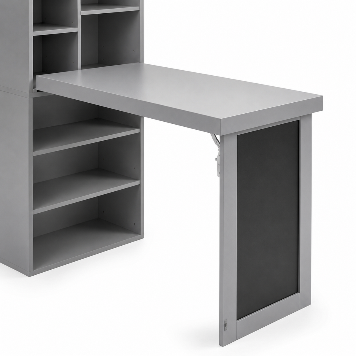 Aero grey fold-out desk showing the extended desktop and open storage shelves from a front angle
