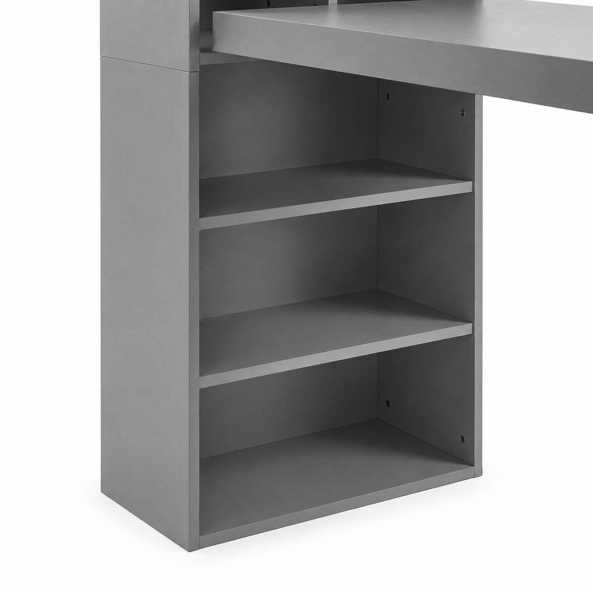 Aero grey fold-out desk showing open shelving and desk panel detail