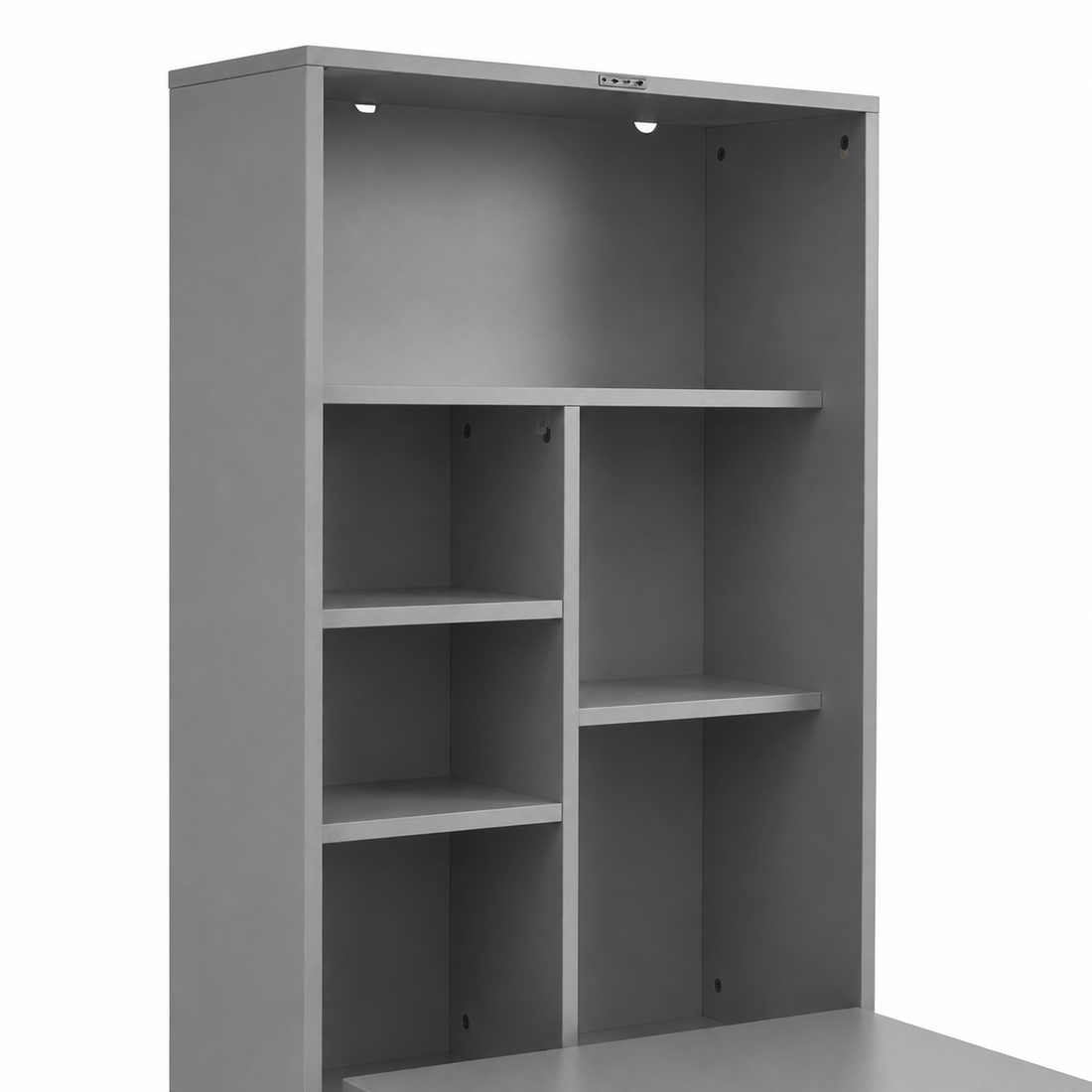 Aero grey fold-out desk showing open shelf storage detail