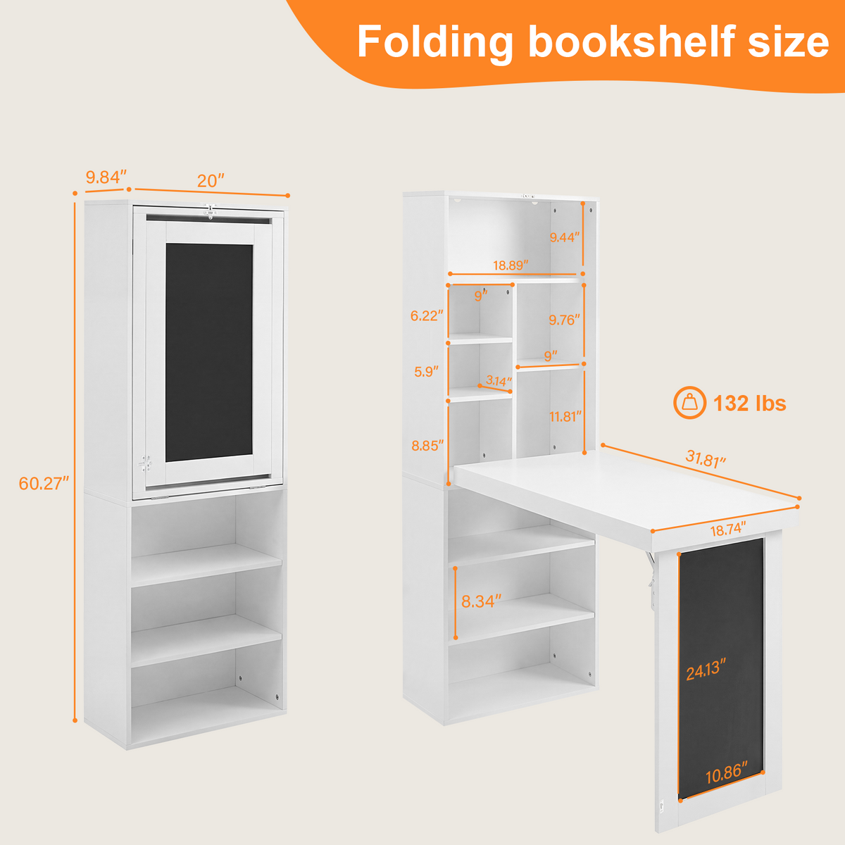 Aero grey fold-out desk showing folded and open dimensions