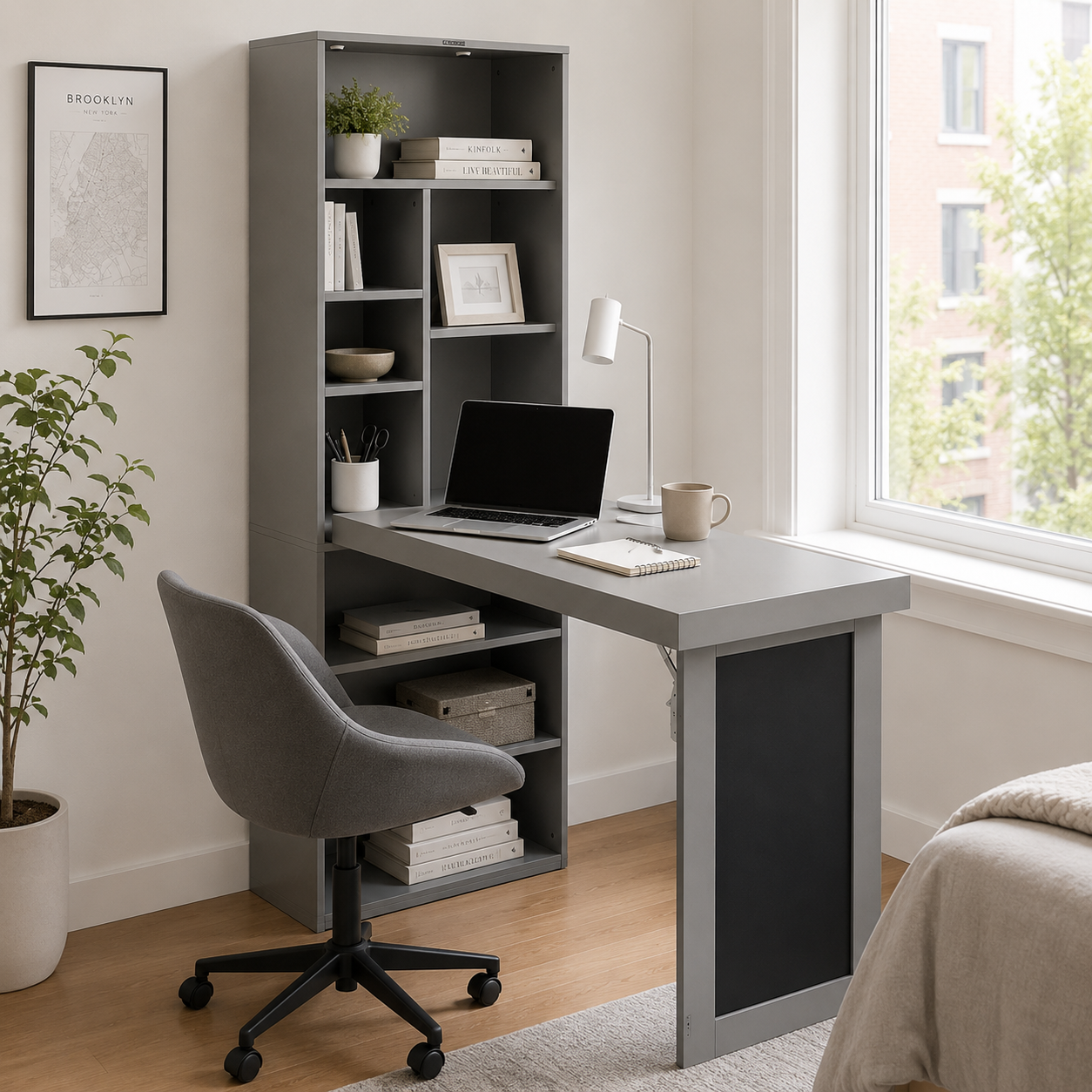 Aero grey fold-out desk showing an open study workspace with books and a chair in a children’s room
