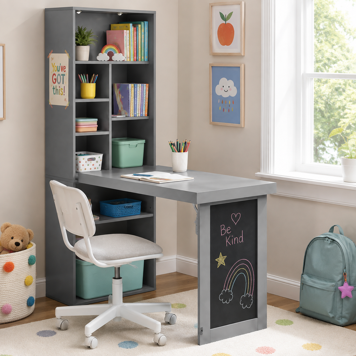 Aero grey fold-out desk showing an open workspace with a stool and shelves in a warm home office