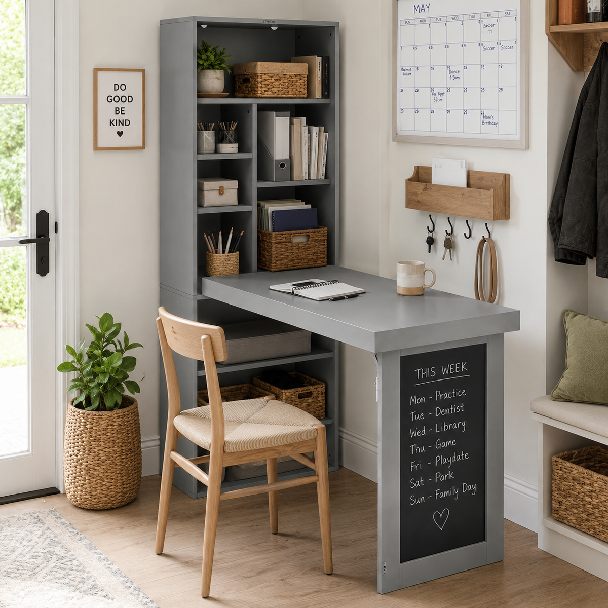 Aero grey fold-out desk showing an open workspace with a rolling chair beside a bright window