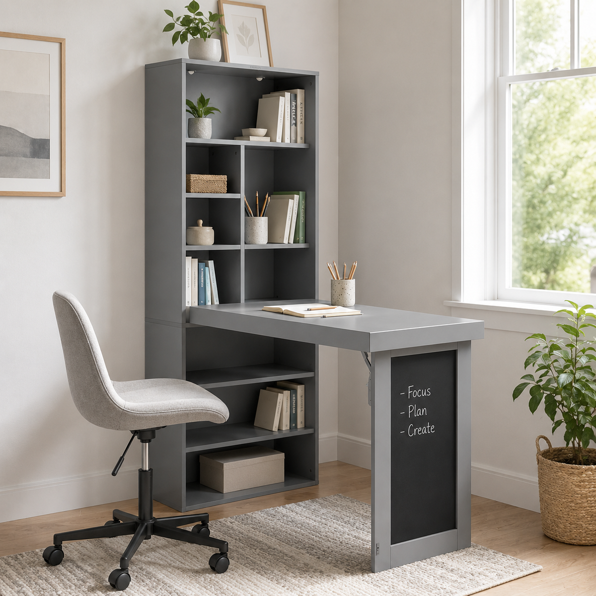 Aero grey fold-out desk showing the folded chalkboard panel with decorated storage shelves below