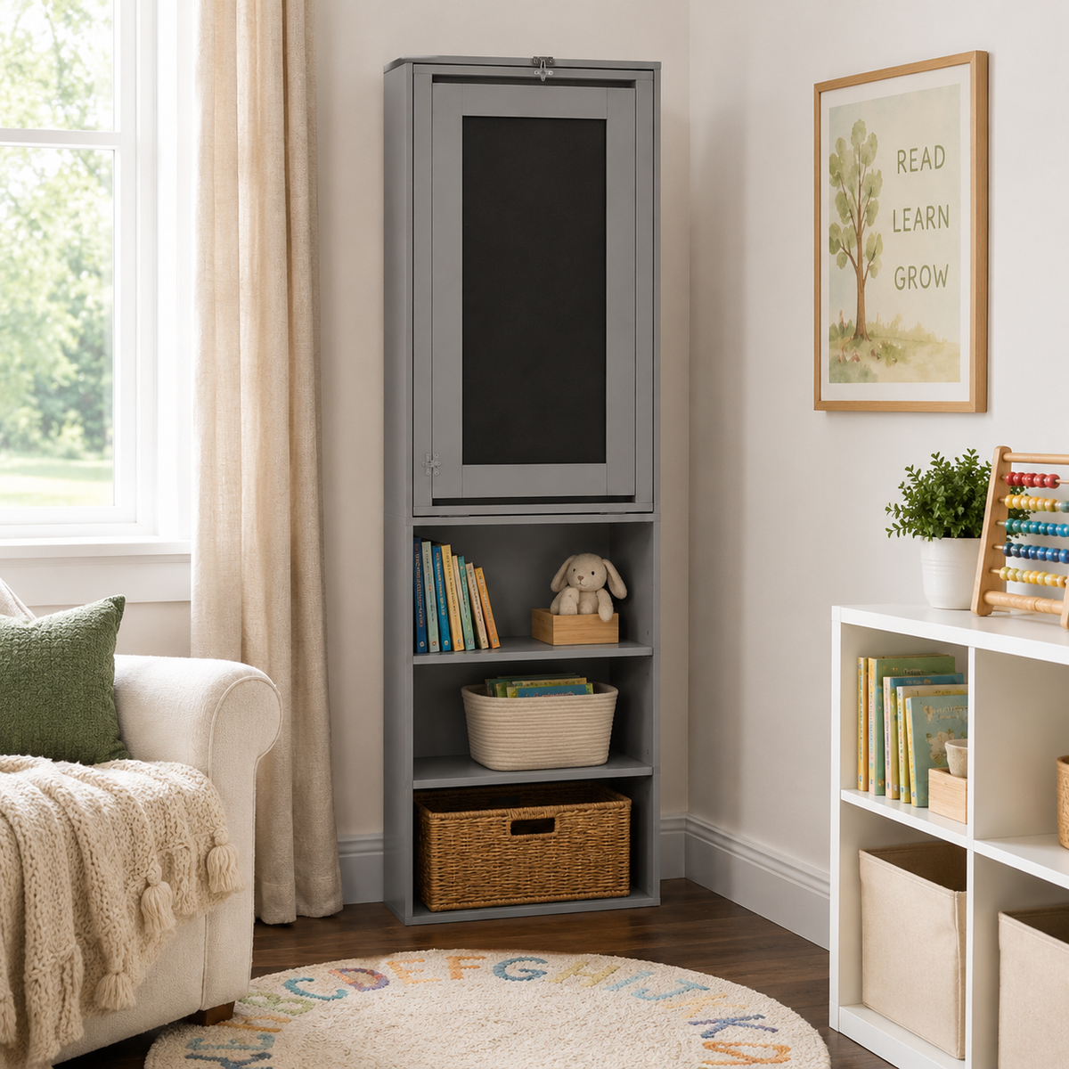 Aero grey fold-out desk showing the folded upright design with books and baskets in a bright room