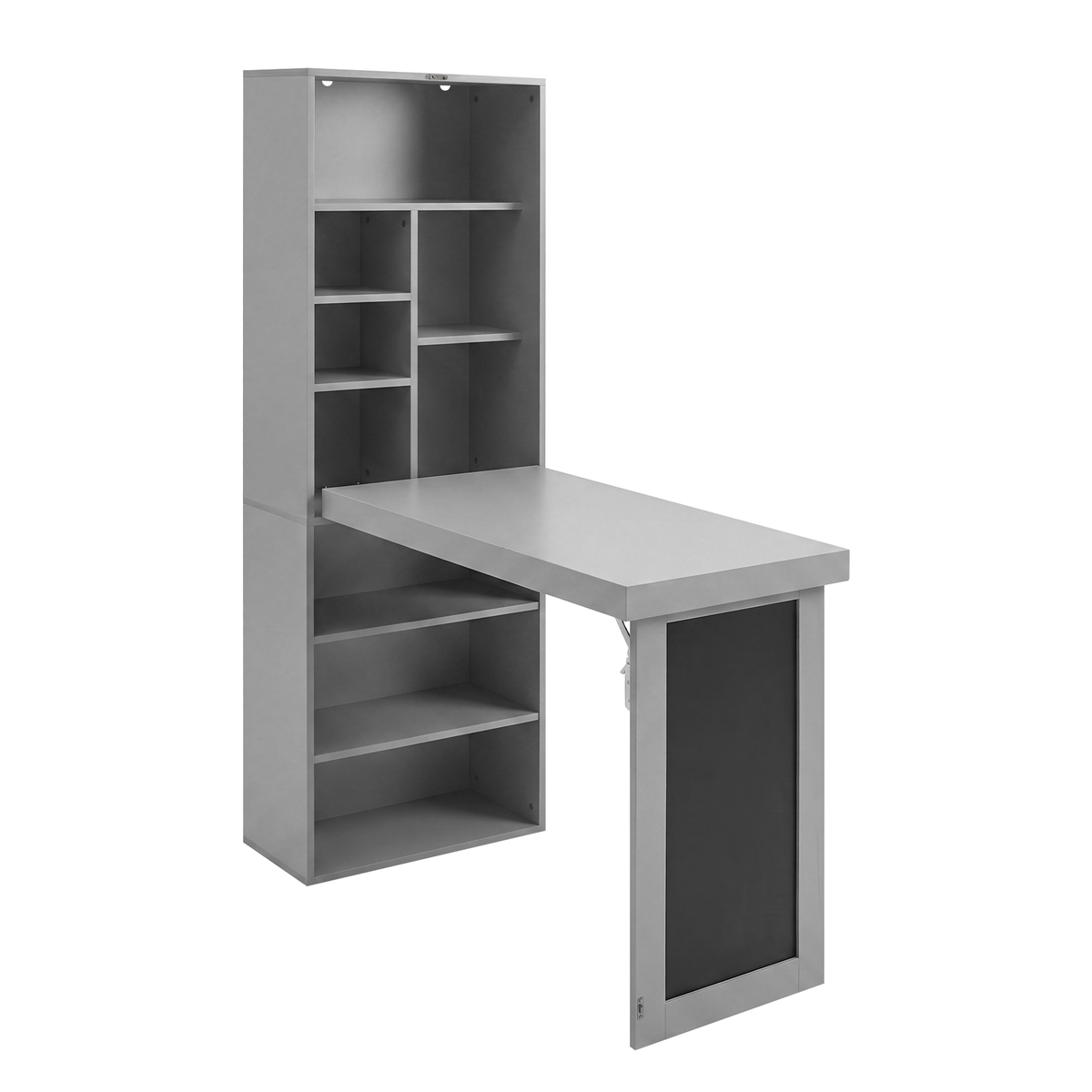 Aero grey fold-out desk showing the open desktop, chalkboard panel and shelves from an angled view